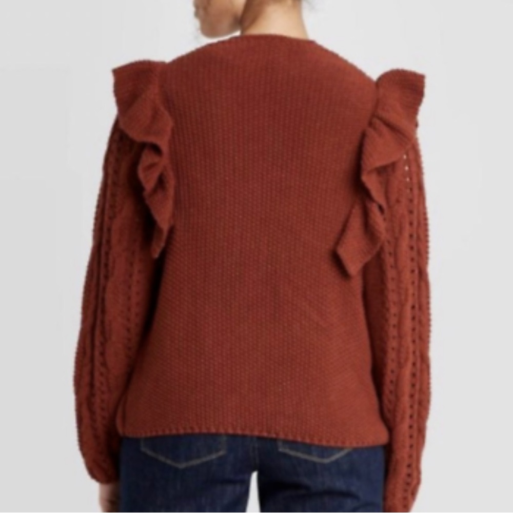 Universal Thread Rust Red Open Front Knit Ruffle Trim Cable Cardigan Size XS - Picture 3 of 9